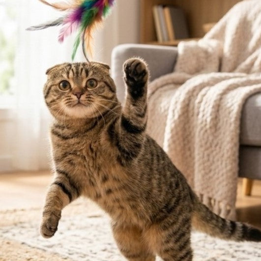 Gato Scottish Fold jugando con varita de plumas en sala