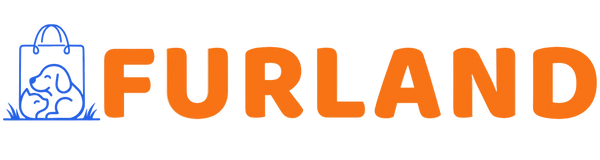 Furland logo featuring a blue shopping bag with a puppy illustration on the left and the word 'FURLAND' in large orange letters on a white background.
